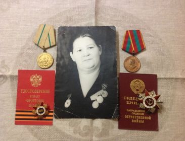 Медаль "За оборону Ленинграда", Медаль "За доблестный труд в ВОВ 1941-1945", Орден "Отечественной войны", Знак "Фронтовик 1941-1945"