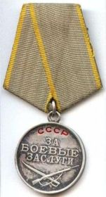 Медаль "За Боевые Заслуги" от 27.04.45г по войскам 3-го УФ, медаль "За Оборону Кавказа" от 19.06.45г., медаль "За Победу над Германией"