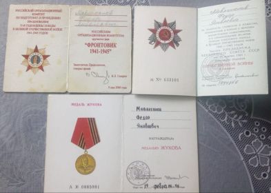 Медаль Жукова, орден Отечественной войны 2й степени, за доблестный труд в ВОВ