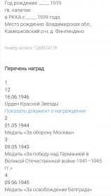 Орден Красной Звезды, за оборону Москвы, за освобождение Белграда, за Победу над Германией, ордена Вов 1 и 2 степени