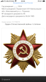 Награждён Орденом Отечественной войны I степени.