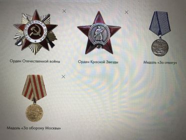 Медаль «За отвагу», Медаль «За оборону Москвы», Орден Красной Звёзды, Орден Отечественной войны II степени