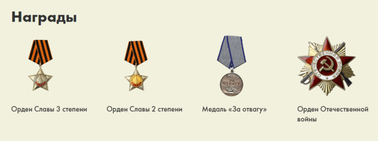 Орден Славы 3 степени, Орден Славы 2 степени, Орден Отечественной войны, медаль "За отвагу"
