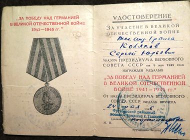 Медаль " За победу над Германией в Великой Отечественной войне 1941-1945 г.г.".