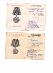 медаль "За победу над Германией в Великой отечественной войне 1941-1945", медаль "За оборону советского Заполярья"
