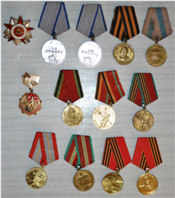 Он был награждён медалями: «За оборону Москвы», «За форсирование Днепра», «За освобождение Праги», «За взятие Берлина», орденом Отечественной войны 1 степени, «За победу над Германией", двумя