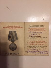 Медаль ,,ЗА ДОБЛЕСТНЫЙ ТРУД В ВЕЛИКОЙ ОТЕЧЕСТВЕННОЙ ВОЙНЕ 1941-1945 гг.,,