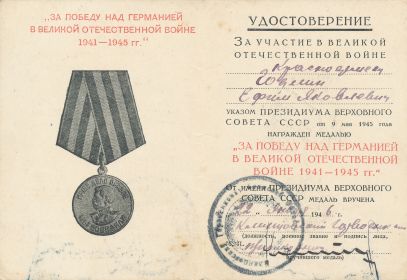 Медаль а победу над Германией в ВОВ 1941-1945