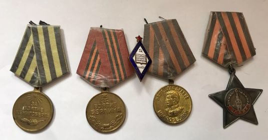 Награды: Орден Славы III степени, за Победу над фашисткой Германией в Великой отечественной войне, за взятие Берлина, за взятие Кёнигсберга.