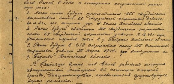 Был представлен к медали "За Отвагу". Получил в итоге  медаль "За болевые заслуги", "За взятие Кенигсберга", "За победу над Германией в Великой Отечественной войне 1941-1945 гг.". После войны