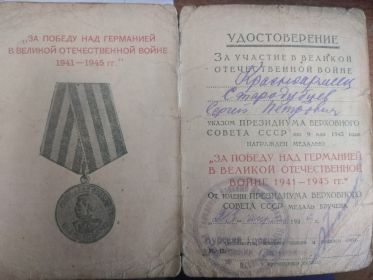 Медаль за боевые заслуги №1828084 "За Победу над Германией"