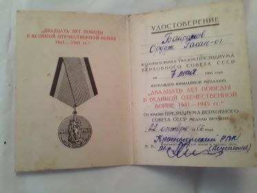 Медаль " Двадцать лет Победы в Великой Отечественной войне 1941 - 1945 гг."