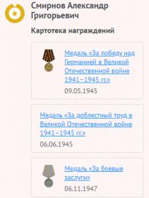 Медаль «За боевые заслуги» Медаль «За победу над Германией в Великой Отечественной войне 1941–1945 гг.» Медаль «За доблестный труд в Великой Отечественной войне 1941–1945 гг.»