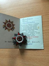 Орден "Отечественной войны" 1 степени, медаль"За боевые заслуги", медаль "За доблестный труд во время войны"