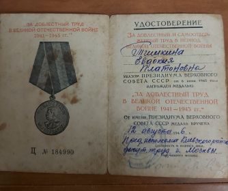медаль  " ЗА ДОБЛЕСТНЫЙ ТРУД В ВЕЛИКОЙ ОТЕЧЕСТВЕННОЙ ВОЙНЕ 1941-1945