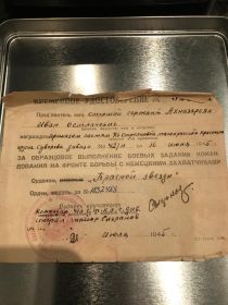 21.07.1945 награжден ОРДЕНОМ "КРАСНОЙ ЗВЕЗДЫ" за образцовое выполнение боевых заданий командования на фронте борьбы с немецкими захватчиками