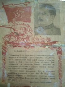 Письмо от Верховного Главнокомандующего  Маршала Советского Союза   Сталина Сталина И.В.