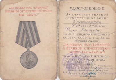 медаль «За победу над Германией в Великой Отечественной войне 1941-1945гг.»