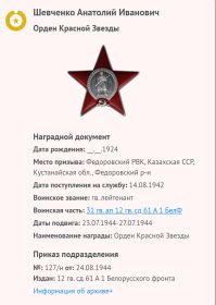 Орден Красной Звезды Медаль «За боевые заслуги» Медаль «За победу над Германией в Великой Отечественной войне 1941–1945 гг.» Медаль «За взятие Берлина» Медаль «За освобождение Варшавы»