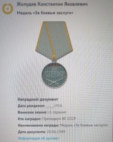 Медаль «За боевые заслуги» Дата документа: 20.06.1949 (Документ находится в: ЦАМО шкаф 31, ящик 28)