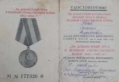 медаль "За доблестный труд в Великой Отечественной Войне"