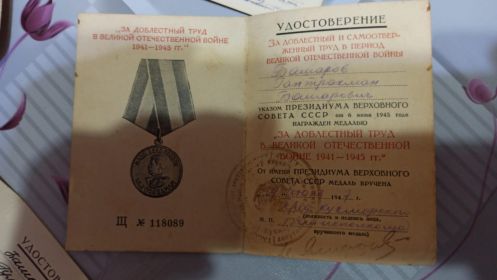 Медаль "За Доблестный труд в Великой Отечественной войне 1941-1945 гг."