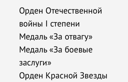 Орден отечественной войны 1 степени, медаль за отвагу, медаль За боевые заслуги, орден Красной звезды