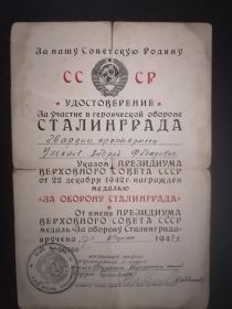 "За боевые заслуги", "За отвагу", "За оборону Сталинграда", "За освобождение Варшавы", "За победу над Германией", орденом Отечественной войны 2 ст. (1985).