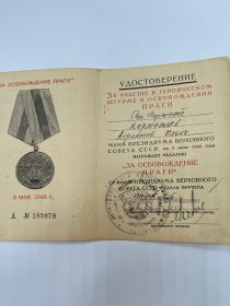 1) Медаль «За отвагу»... 2)Орден Славы III степени... 3)Орден Красной Звезды (2)...4)Орден Отечественной войны II степени... 5)За освобождения Праги...6)За взятие Берлина....