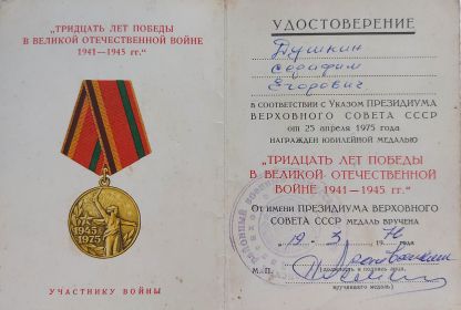 Юбилейная медаль "Тридцать лет Победы в Великой Отечественной войне 1941-1945 гг."