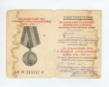 За доблестный труд в Великой Отечественной Войне 1941- 1945