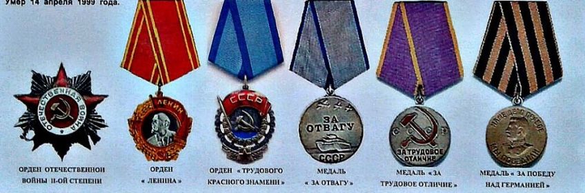 Орден Отечественной войны 2-й степени, Орден Ленина, Орден трудового красного знамени, Медаль за трудовое отличие, Медаль за победу над Германией.