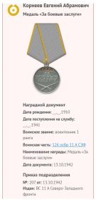 Корнеев Евгений Абрамович. Медаль За за боевые заслуги.