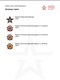 Орден Красной звёзды 1945 год , Орден Отечественной  войны 2 степени 1945, Орден Отечественной войны 2 степени 1945 год, Орден Отечественной войны 1 степени 1985 год .