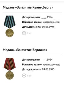 3 медаль за отвагу ,3 медаль «за боевые заслуги» , 2 медаль «за взятие Кенигсберга», 2 медаль «за взятие Берлина»