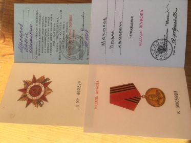 Орденом Отечественной войны 1-й степени (№ ордена 168 7829), Медаль Жукова удостоверение - К № 005883