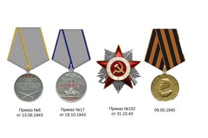 медаль за "Отвагу", медаль за "Боевые действия", орден Отечественной войны 2й степени, медаль за"Победу над Германией"