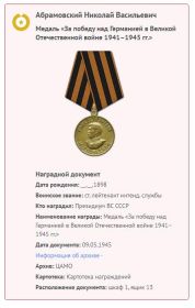 медаль "За победу над Германией в ВОВ 1941-45 годов"