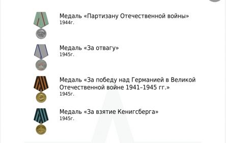 Медаль «За отвагу» (2) Медаль «Партизану Отечественной войны» Медаль «За взятие Кенигсберга» Медаль «За победу над Германией в Великой Отечественной войне 1941–1945 гг.»