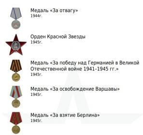 Медаль «За отвагу» 1944г. Орден Красной Звезды 1945г. Медаль «За победу над Германией в Великой Отечественной войне 1941–1945 гг.» 1945г. Медаль «За освобождение Варшавы» 1945г. Медаль «За вз