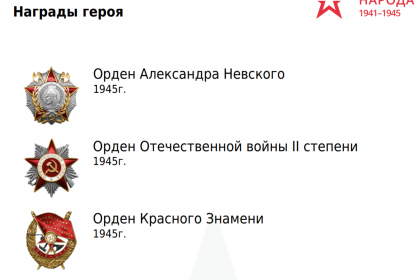 Орден Александра Невского; орден Отечественной Войны II степени; орден Боевого Красного Знамени; Польский орден"За Храбрость";  медаль "за  Победу  над Германией 1941-1945гг"