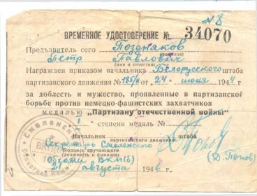 Медаль «Партизану Отечественной войны» I-й степени