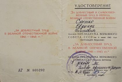 "За доблестный труд в Великой отечественной войне 1941-1945гг."