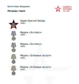 (2) Медаль "За отвагу" (2); Орден Красной Звезды (2); Медаль "За боевые заслуги" (2)