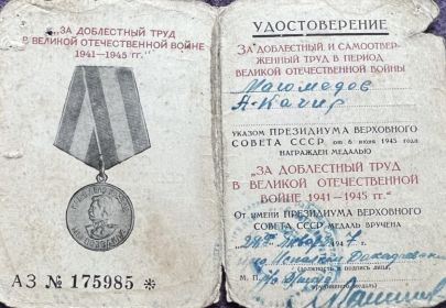 Медаль «За доблестный труд в Великой Отечественной войне 1941-1945 гг.»