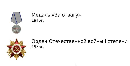 Медали: "ЗА ОТВАГУ" (1945г.), "За взятие БУДАПЕШТА"; Орден Отечественной войны I степени (1985г.)