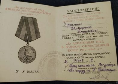 Медаль «ЗА ДОБЛЕСТНЫЙ ТРУД В ВЕЛИКОЙ ОТЕЧЕСТВЕННОЙ ВОЙНЕ 1941 - 1945 гг.»