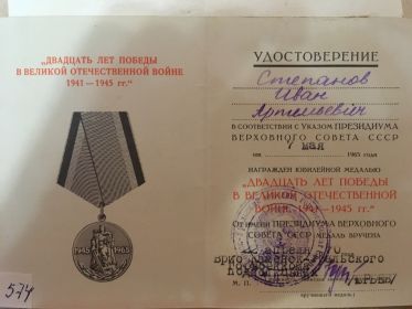 Медаль «За боевые заслуги»,«За победу над Германией в Великой Отечественной войне 1941–1945 гг.», «За оборону Кавказа«За оборону Сталинграда», «За оборону Ленинграда», «За оборону Кавказа»,