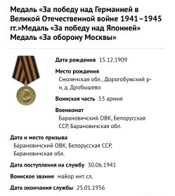 Медаль «За победу над Германией в Великой Отечественной войне 1941–1945 гг.»Медаль «За победу над Японией»Медаль «За оборону Москвы»
