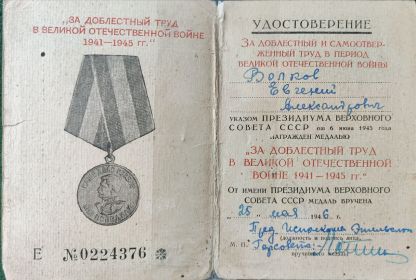 За доблестный и самоотверженный труд в период ВОВ."